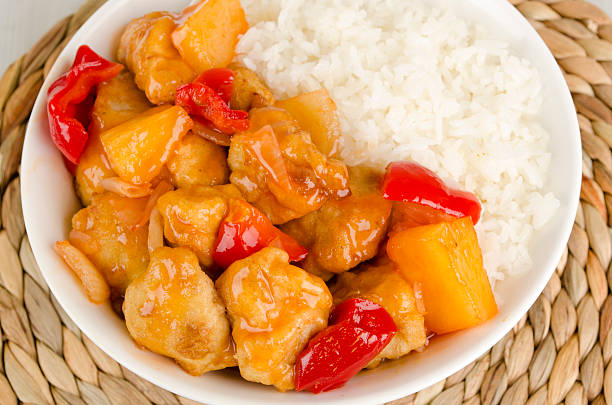 Chinese Sweet &amp; Sour Chicken and Rice stock photo