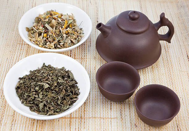 Chinese tea set and herbal  teas stock photo