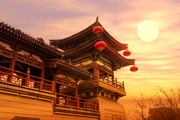 chinese temple qing long temple,xi an,china in sunset stock photo