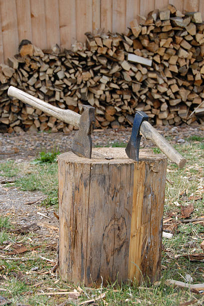 chipping firewood stock photo