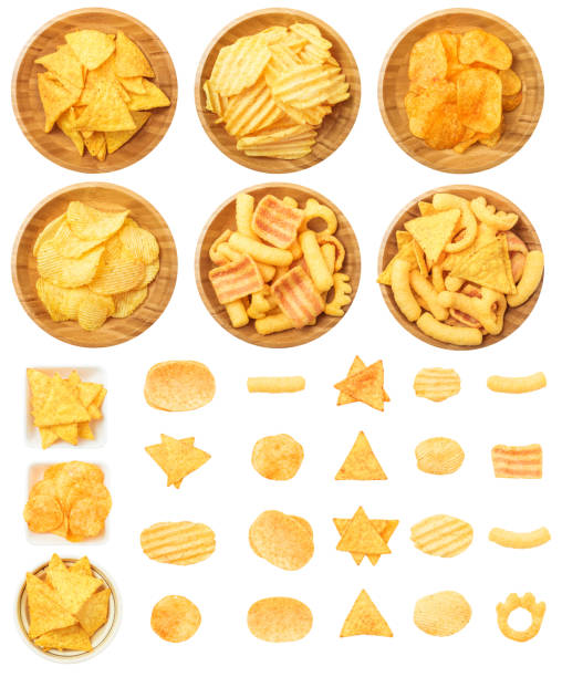 Chips, Tortilla, and Corn Puffs Isolated on White Background stock photo