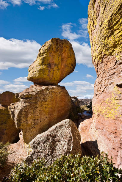 Balanced Rhyolite Rock Formation Chiricahua National Monument in Arizona, USA is known for its many rock formations of rhyolite. This close-up view of the rhyolite formations was taken from Massai Point. jeff goulden rock formation stock pictures, royalty-free photos & images