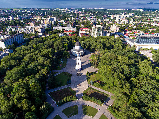 Chisinau, Republic of Moldova, aerial view from drone. Central p stock photo