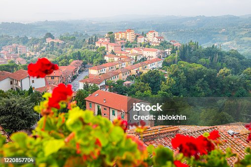 istock Chiusi Scalo houses in Tuscany, Italy town cityscape and red geranium flowers in garden foreground on building terrace patio landscape view 1220857704
