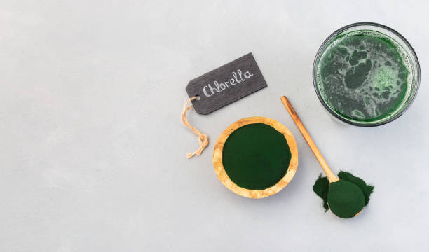 Chlorella superfood in powder and as drink, on a gray background, horizontal, top view, copy space stock photo