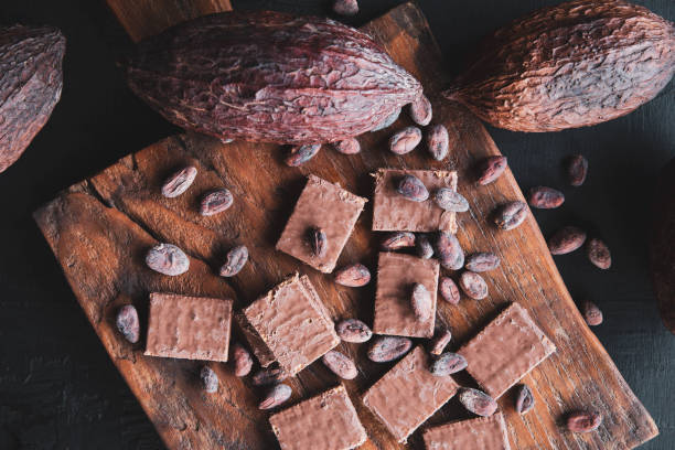 Chocolate and Cocoa Beans with Cocoa On a black background stock photo