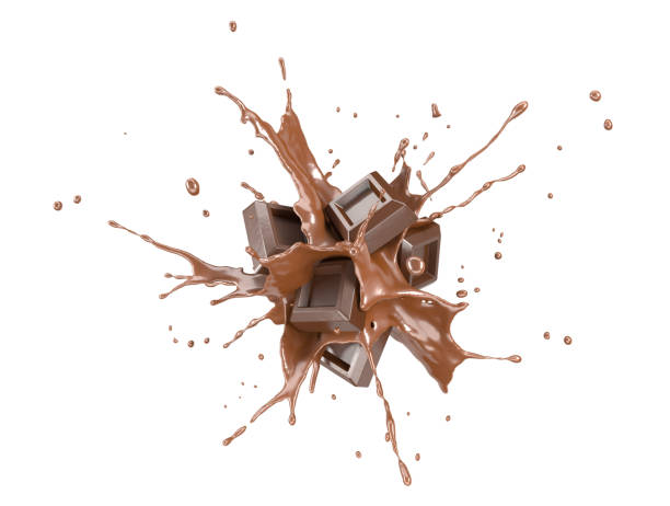 chocolade blokken spatten in een vloeibare chocolade plons barsten in de lucht. - chocolade stockfoto's en -beelden