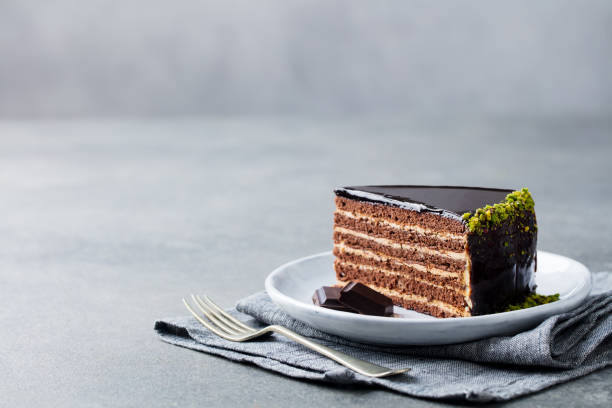 chocolate cake on a white plate. grey stone background. copy space. - serving a slice of cake imagens e fotografias de stock