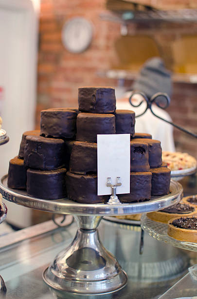 Chocolate cake treats on a tray stock photo