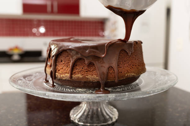 chocolate cake with melting chocolate icing. - bolos de chocolate imagens e fotografias de stock