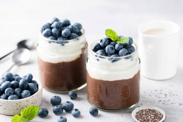 Chocolate chia pudding with yogurt and blueberries stock photo