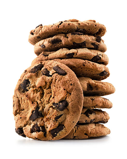 Chocolate chip cookies Pile of chocolate chip cookies against white background.  dessert sweet food stock pictures, royalty-free photos & images