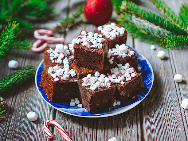 Chocolate fudgy brownies with marshmallows and candy. stock photo