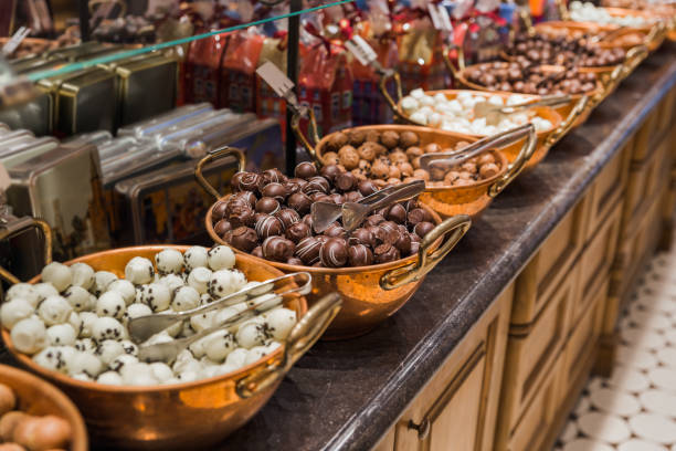 Chocolate sweets in shop stock photo