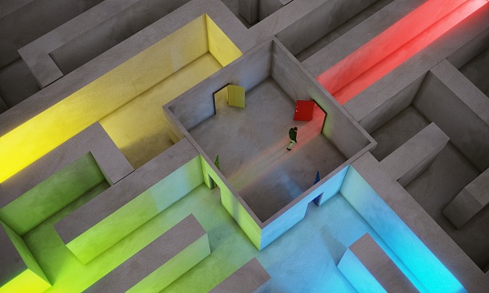 Businessman looking for the right way between the multi colored doors and lights to leave the maze. ( 3d render )