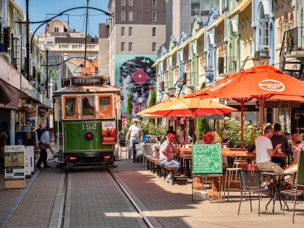 Christchurch, New Zealand, New Regent Street, with Vintage Tram, Cafes, Shops, People stock photo