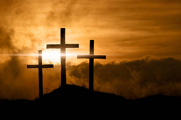 Christian Crosses At Sunrise  good friday stock pictures, royalty-free photos & images