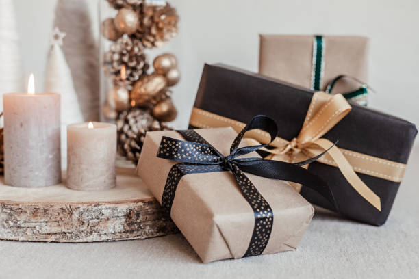 Christmas background with gift boxes and minimalist christmas decoration. Xmas celebration, greetings stock photo