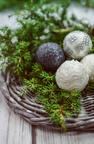 Christmas balls decoration with branches stock photo