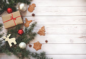 istock Christmas decoration on wooden background with copy space 1289044236