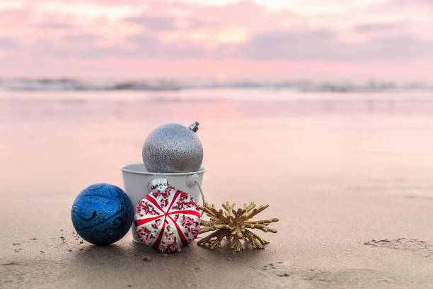 Christmas Decorations at Carlsbad State Beach at sunset, Holiday Concept stock photo