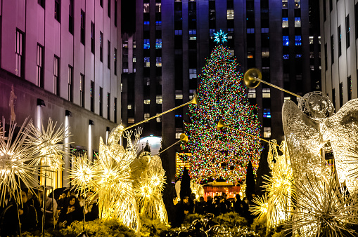 Christmas decorations in front of the Rockefeller center in Manhattan, NYC, USA