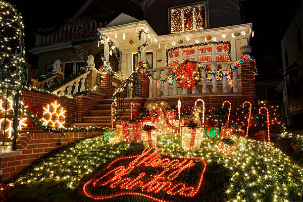 Christmas Decorations Brooklyn, NY, USA - December 26, 2016: Decorations at Dyker Heights - a neighborhood in Brooklyn known for its extravagant displays every Christmas christmas lights house stock pictures, royalty-free photos & images
