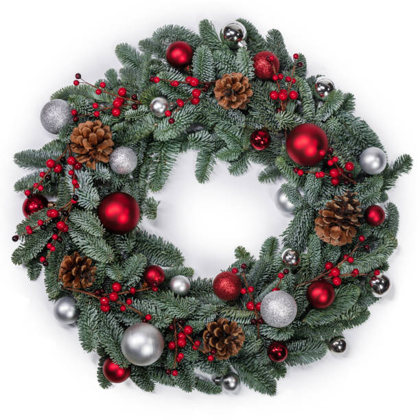 Christmas fir wreath isolated Christmas green fir tree wreath and decoration isolated on white background wreath stock pictures, royalty-free photos & images