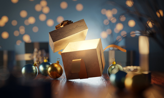 Christmas at Home scene, gift unboxing and unwrapping a surprise present! With fairy lights bokeh and baubles and wrapped presents. Winter background 3D illustration.