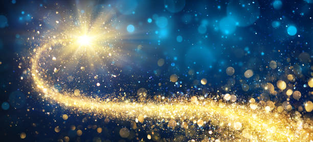 Christmas Golden Star In Shiny Night Golden Sparkling Falling Star With Stardust Trail paranormal stock pictures, royalty-free photos & images
