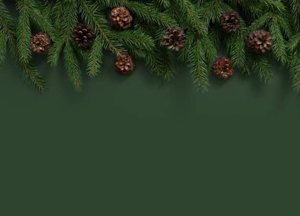 Christmas green background. Christmas frame with cones and fir branches. Happy new year. Greeting card. Copy space, top view. stock photo