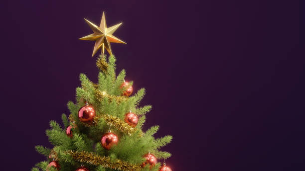 Christmas Greeting Card: Beautifully decorated Chistmas Tree crowned with a golden star. stock photo