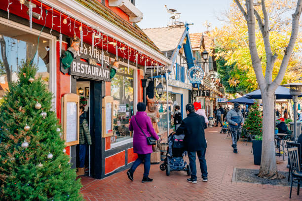 Christmas in Solvang. Main street, street view, and tourists in Solvang, small town in California with traditional Danish style architecture, famous touristic destination stock photo