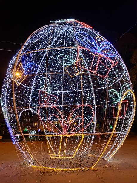 Christmas lights decorate a giant egg in Bastos/Brazil. stock photo