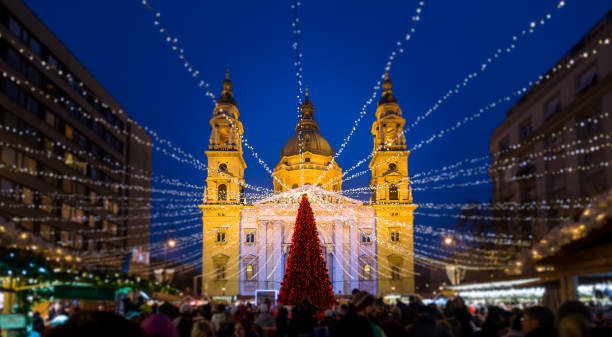 Christmas Market in Saint Stephen Basilica square, Budapest, Hungary stock photo
