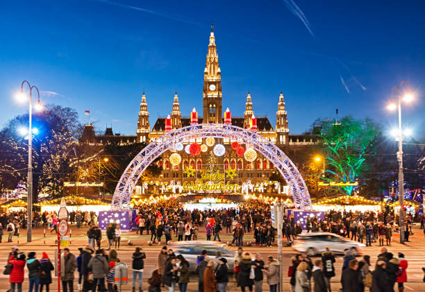 Christmas market on Rathausplatz in Vienna at Christmas Eve stock photo