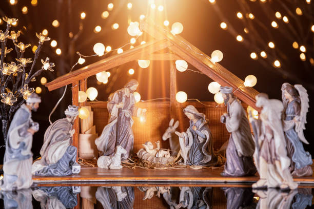 Christmas nativity scene; Jesus Christ, Mary and Joseph stock photo