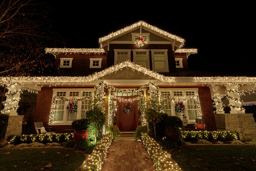 San Jose, California - December 15, 2020: Christmas night lights decorating house in in Willow Glen neighborhood