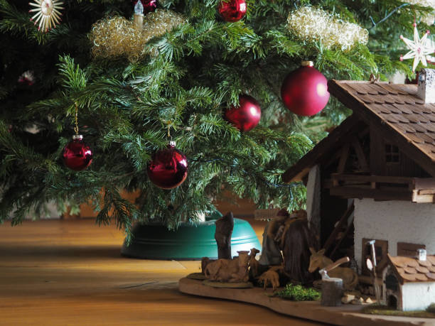 Christmas tree and crib stock photo