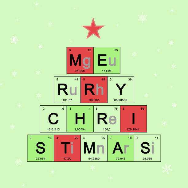 julgran dekorerad element periodiska systemet, vetenskapliga tema, kemi - nyårskort på ljusgrön bakgrund med vita snöflingor, konceptet helgdagar symbol för god jul - green hydrogen bildbanksfoton och bilder