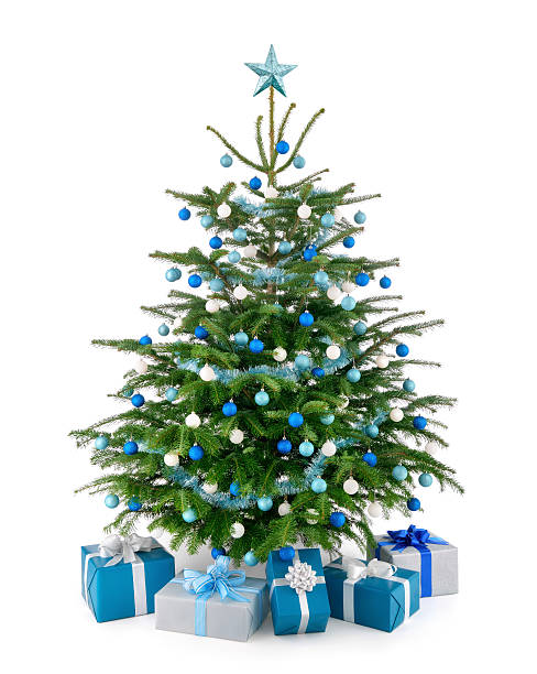 Christmas tree in blue and silver with gift boxes stock photo