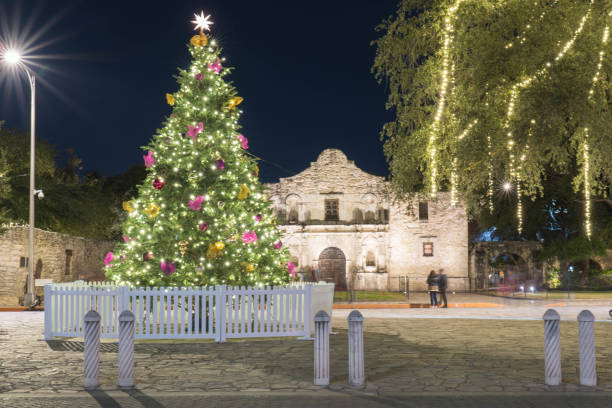 Christmas Tree in Front of the Alamo at Night Long Exposure stock photo