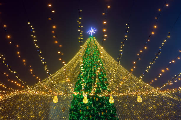 Christmas tree lights at night city stock photo