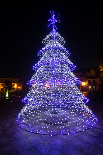 Christmas tree lights decoration in Santa Comba Dao, Viseu district, Portugal. Street light decoration. Street lighting.
