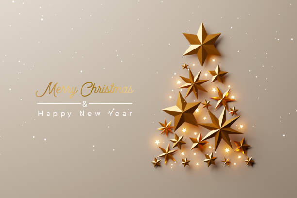 Christmas tree made of gold stars on luxury gold background. Christmas and happy new year concept. 3d rendering illustration stock photo