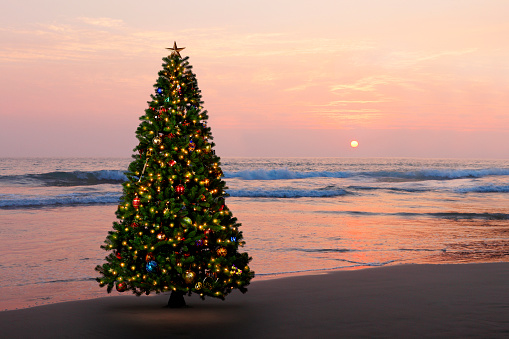 An illuminated and decorated Christmas tree stands in the sand on a beach at sunset.