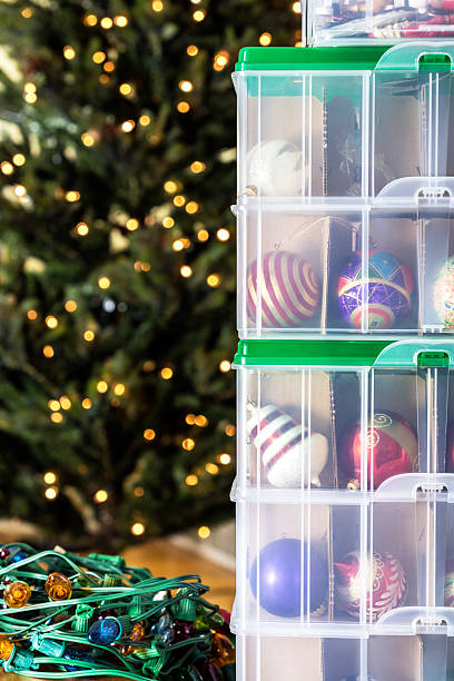 Christmas Tree Ornaments And Lights Packed Up After Holidays stock photo