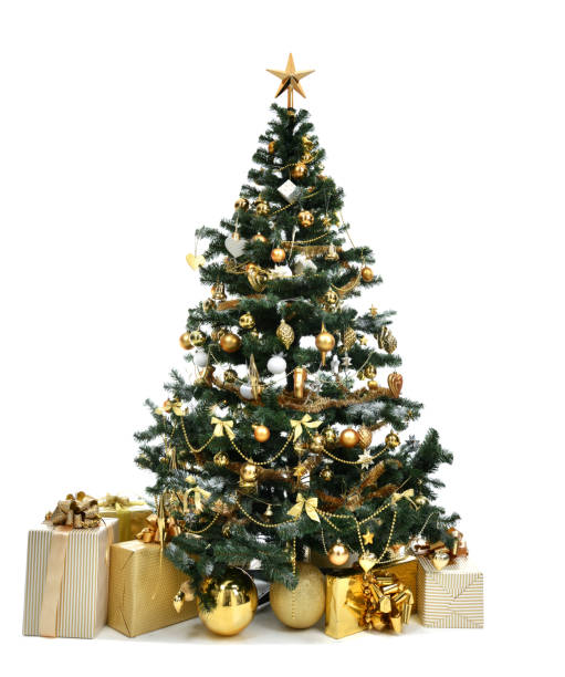 christmas tree with golder patchwork ornament artificial star hearts presents for new year 2018 - bola de árvore de natal imagens e fotografias de stock
