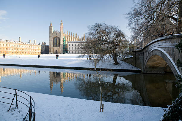 Christmas view of Kings College Cambridge in winter snow scene stock photo