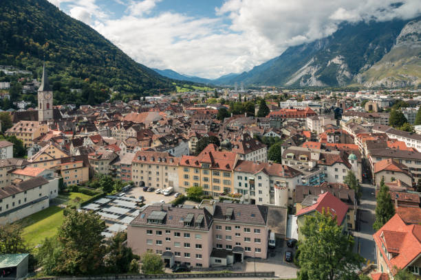 Chur town, canton of Graubunden, Switzerland aerial view of historic houses in Chur town, canton of Graubunden, Switzerland graubunden canton stock pictures, royalty-free photos & images